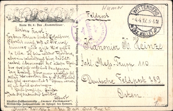 Artist Postcard Always Expert, Military Terms No. 4, Drum Fire, Soldiers