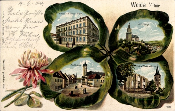In reliëf gemaakte klaverbladlitho Weida in Thüringen, Osterburg, hotel, ruïnes, marktplaats