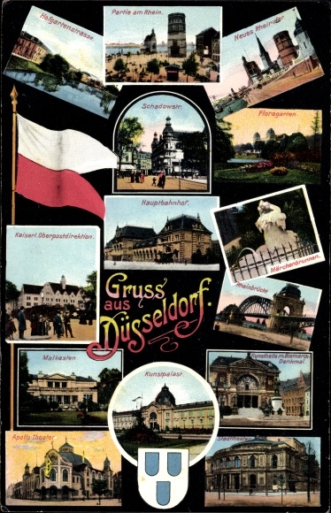 Wappen Ak Düsseldorf am Rhein, Hofgartenstraße, Rheinpartie, Malkasten, Kunstpalast, Stadttheater