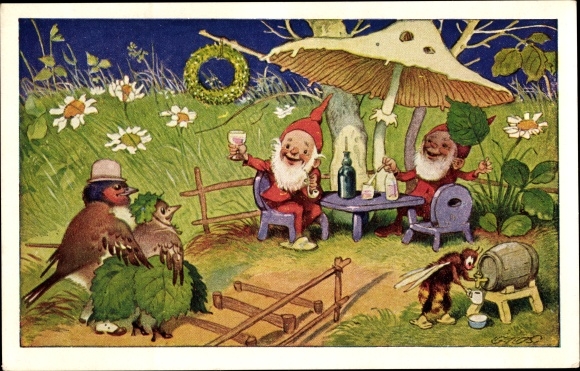 Artist PC Baumgraten, Fritz, on the honeymoon, pair of birds, dwarfs toast, bee
