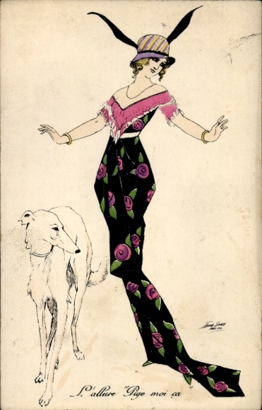 Kunstenaar Ak Sager, Xavier, Jonge vrouw in elegante kleding, Borzoi