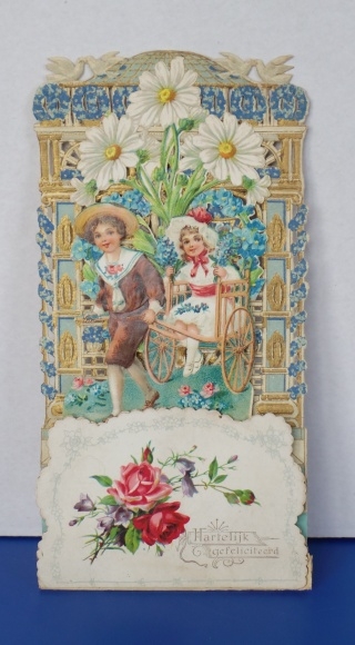 Achtergrondkaart 3D Wafer Standee Gefeliciteerd Jongen en Meisje Vervoer Bloemen