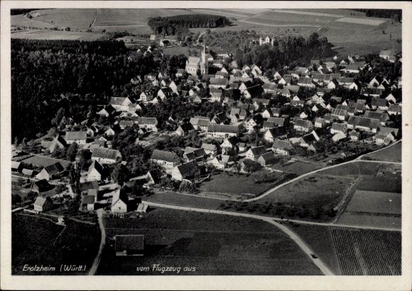 Postcard Erolzheim in Upper Swabia Württemberg, aerial view of many roofs of houses, rural