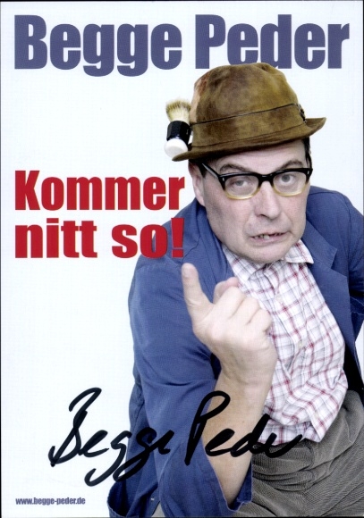 Postcard comedian Begge Peder, portrait, autograph