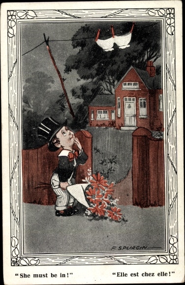 Artist Postcard Spurgin, Fred, She must be in, man with bouquet, underwear