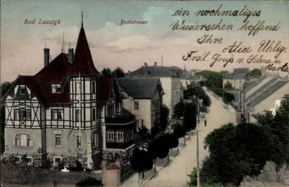 Ak Bad Lausigk Bad Lausick in Sachsen,  Badestrasse, verziert mit Fachwerk, s Gebäude
