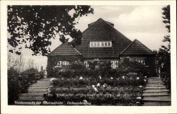 KP Dieksanderkoog Friedrichskoog w Dithmarschen, widok z przodu na Neulandhalle