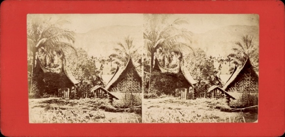 Stereo Photo Java Indonesia, bamboo huts, palm trees
