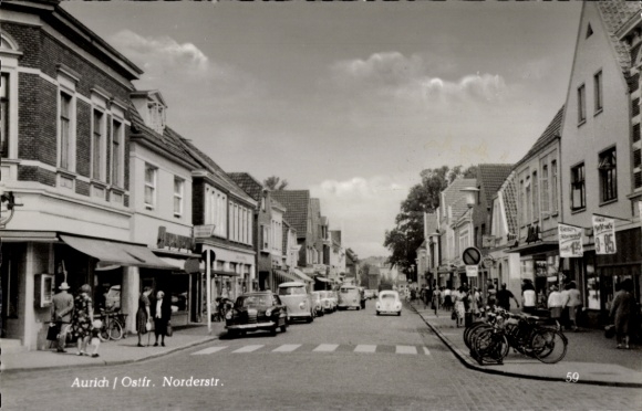 Postcard Aurich in East Frisia, street in East Frisia, buildings, people, cars, bicycles