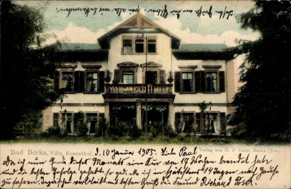Ak Bad Berka in Thüringen, Vorderansicht der Villa Rosenthal, alte Architektur, Bäume im Vordergr