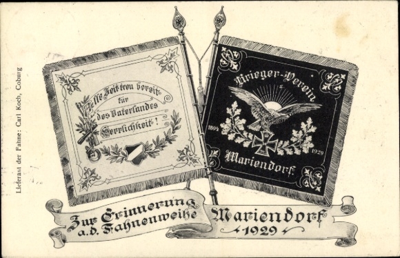 Ansichtkaart Berlin Tempelhof Mariendorf, krijgersclub, vlaginwijding 1929