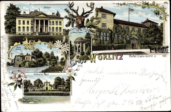 litho Oranienbaum Wörlitz Saksen Anhalt, Hotel Eichenkranz, kasteel, Venustempel, Gotisch huis