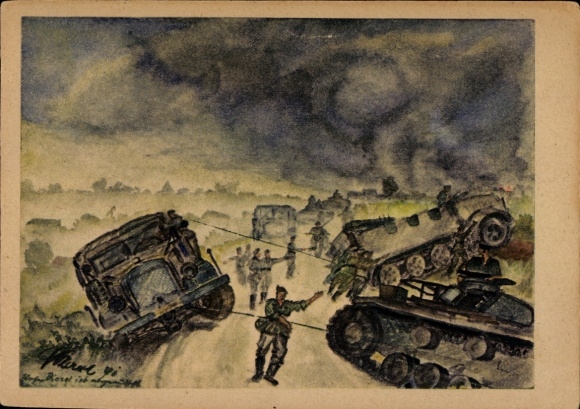 Artist Postcard Karl, H., German Wehrmacht, tank, truck is lifted out of a trench, II. World War