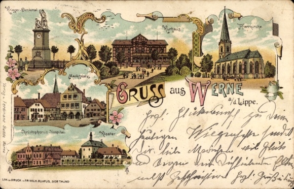 Chromo-Litho Werne an der Lippe Westphalia, war memorial, market square, spa house, monastery, parish church