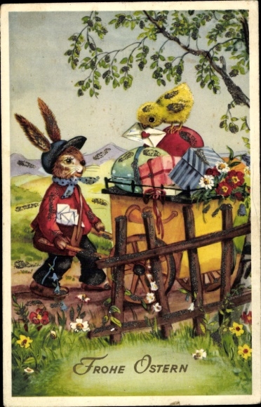 Glitter Postcard Congratulations Easter, Humanized Rabbit as Postman, Chick