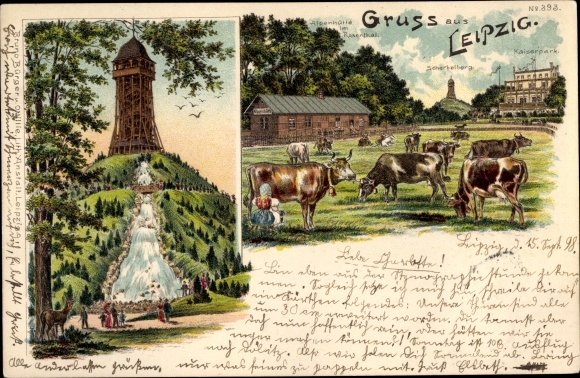 litho Leipzig, Alpenhütte in Rosenthal, Scherbelberg, Kaiserpark, koeien, herten, Bruno Bürger 393