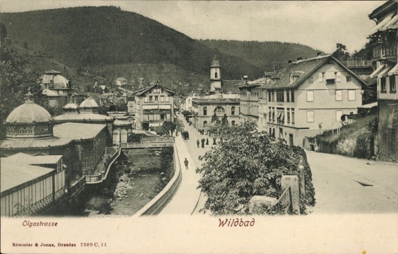 Postcard Bad Wildbad in the Black Forest, Olgastrasse, city view, buildings, street, people