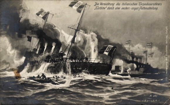 Ak Deutsche Kriegsschiffe, Vernichtung des ital. Torpedozerstörers Turbine durch Kuk Kriegsmarine