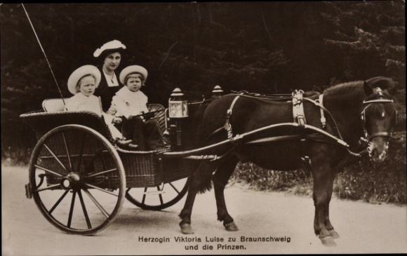 Ak Prinzessin Victoria Luise von Preußen, Herzogin von Braunschweig mit Söhnen, Kutsche
