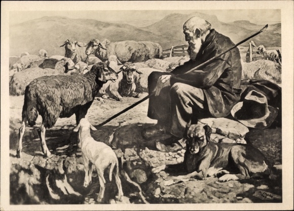 Artist PC Strahn, Jos., Schäferrast, shepherd with flock, HDK 530