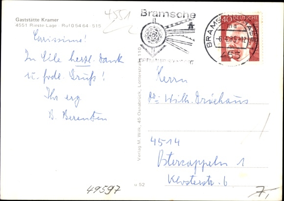 Postcard location Rieste in Lower Saxony, church interior view, altar