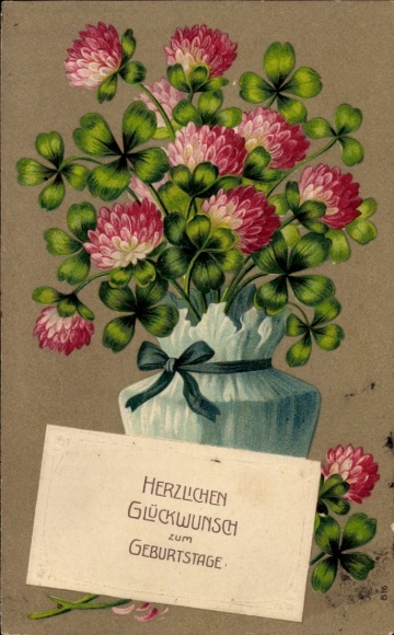 Chromo-Litho congratulations birthday, flowers, clover