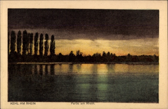 Postcard Kehl am Rhein, landscape on the Rhine, trees, water surface, dusk