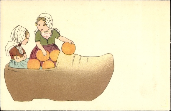 Postcard Netherlands, wooden shoe, children in costume, cheese