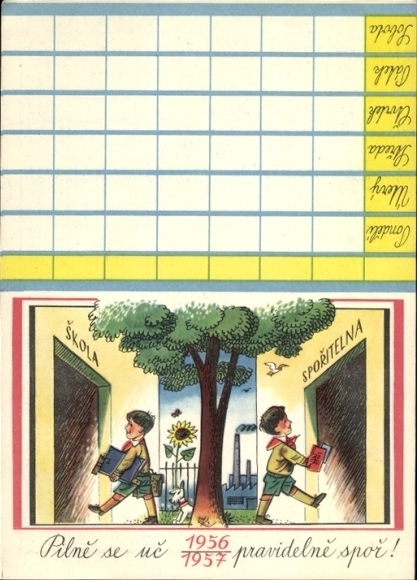Plan lekcji Sparkasse Czechy, szkoła, ucz się regularnie i pilnie 1956/57