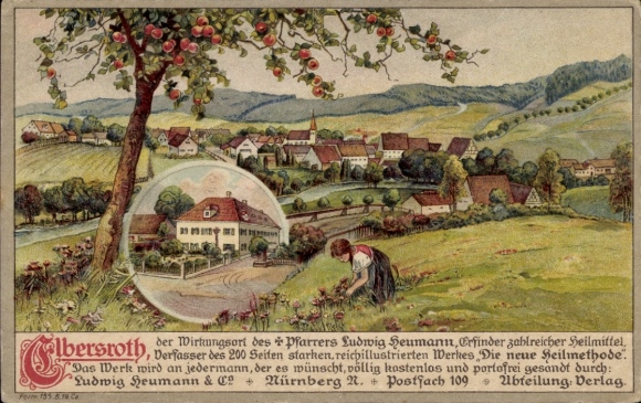 Chromo-Litho Elbersroth Herrieden in Middle Franconia, view of the town, girl picking flowers