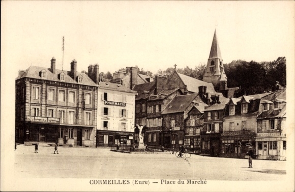 Postcard Cormeilles Eure, square in the village, building, pharmacy, church