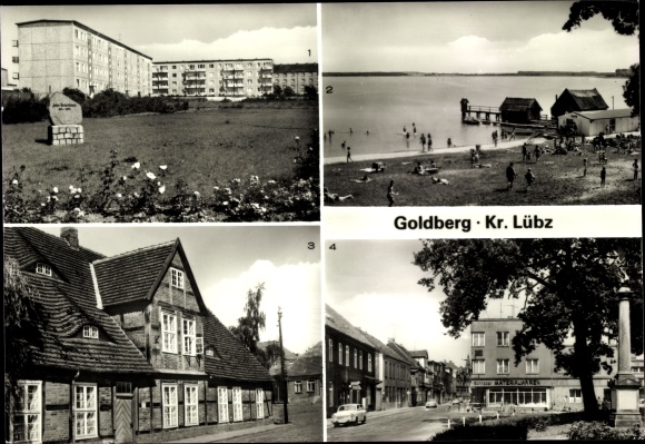 Postcard Goldberg in Mecklenburg, John Brinckmann Str., local history museum, lake, street of peace