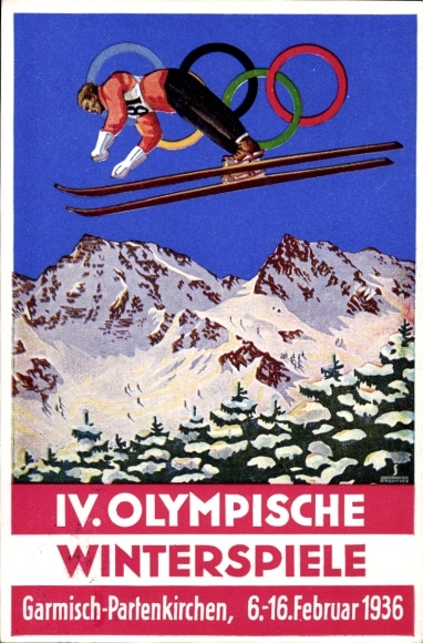 Artist Postcard Garmisch Partenkirchen in Upper Bavaria, Olympic Winter Games 1936, Ski Jumping