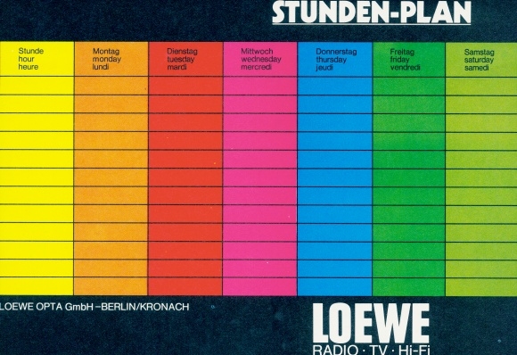 Stundenplan LOEWE Radio TV HI-FI, Berlin, Fernseher CP 42, Loewe Juwel S, QR 320, St 20 um 1970