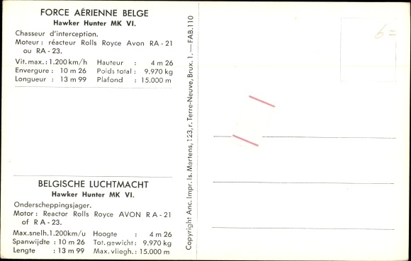 Postcard Belgian fighter aircraft, fighter aircraft, interceptor Hawker Hunter MK VI