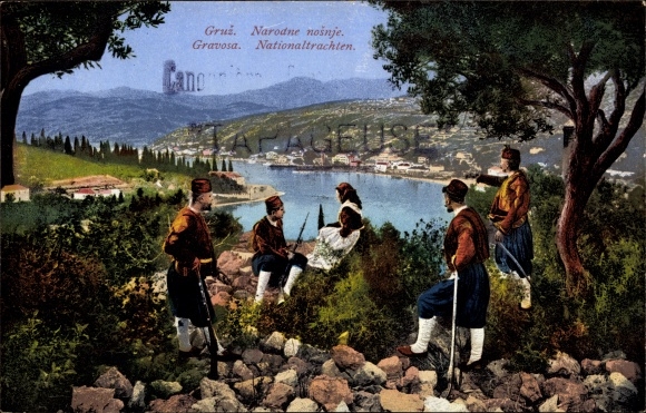 Postcard Gravosa Croatia, Men in National Costumes, Rifles, Purver 10622