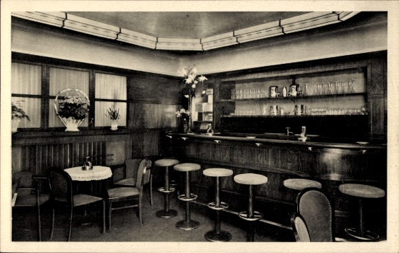 Postcard Mühlhausen in Thuringia, café interior view, bar area, table with chairs
