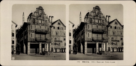 Stereo photo Zurich city Switzerland, old house on Sonnenquai