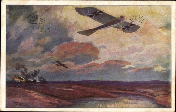 Artist PC Schulze, Hans Rudolf, military pigeon on reconnaissance flight at the Masurian lakes, I. WW