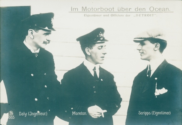 Ak in de motorboot over de oceaan, eigenaren en officieren van de Detroit, Scripps, Moreton, Daly