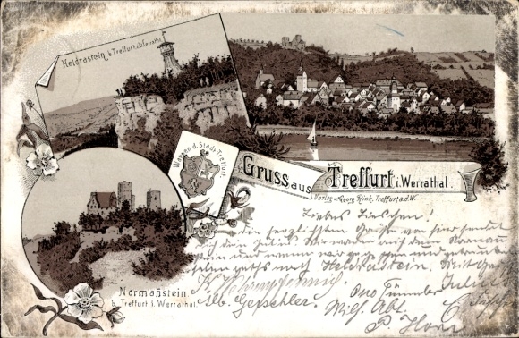 Litho Treffurt an der Werra, Heldrastein, Normannstein, Panorama, Wappen