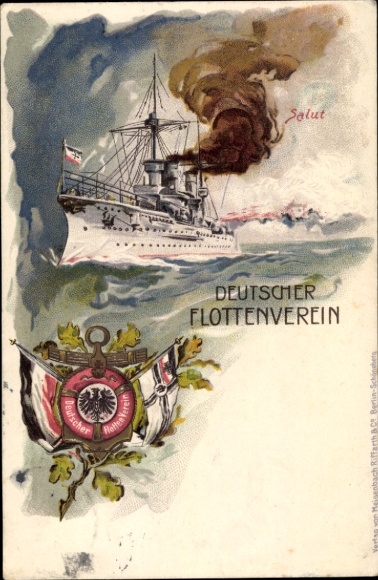 Chromo-Litho German Fleet Association, German Warship, Salute, Flags, Imperial Navy
