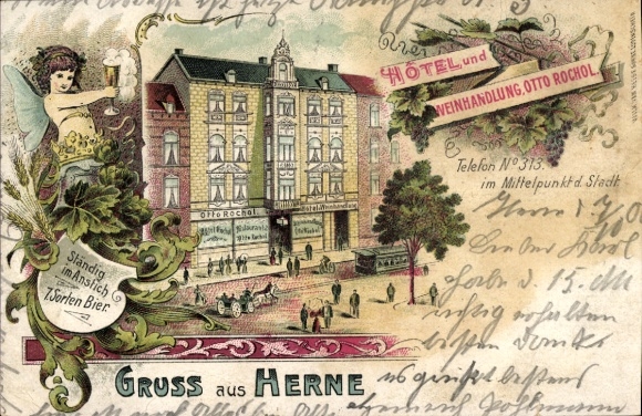 Litho Herne im Ruhrgebiet Westfalen, Hotel und Weinhandlung