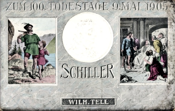 Briefkaartschrijver met reliëf, Friedrich von Schiller, op de 100ste verjaardag van de dood van Wilhelm Tell in 1905