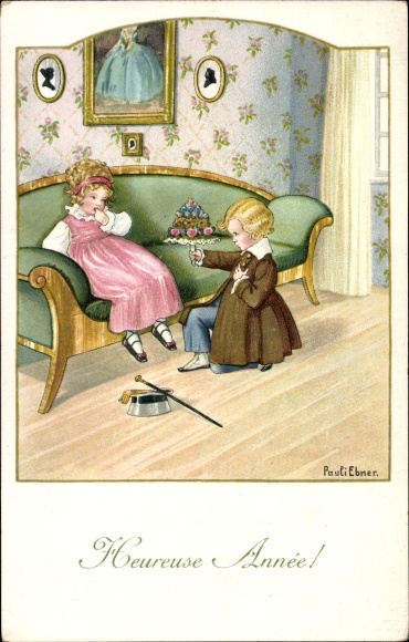 Kunstenaar litho Ebner, Pauli, Heureuse Année, jongen met boeket, meisje, Munk 1270