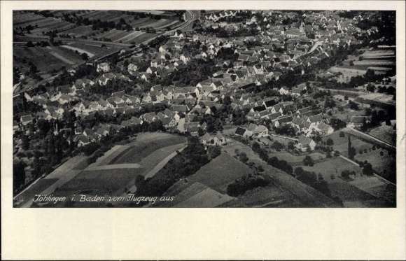 Postcard Jöhlingen Walzbachtal in Baden, aerial view of houses, fields, landscape