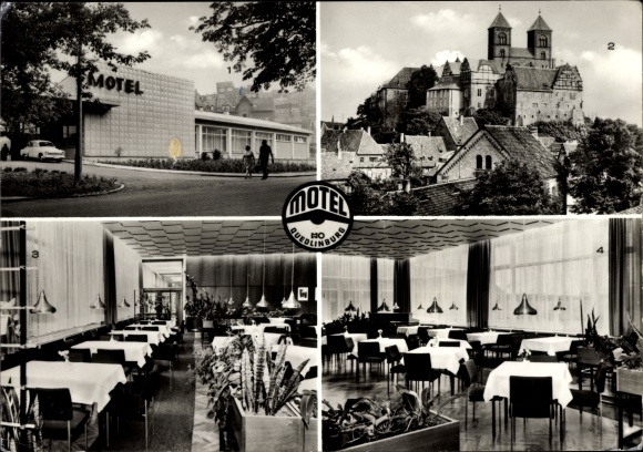 Postcard Quedlinburg im Harz, castle and cathedral, motel, exterior view and interior views