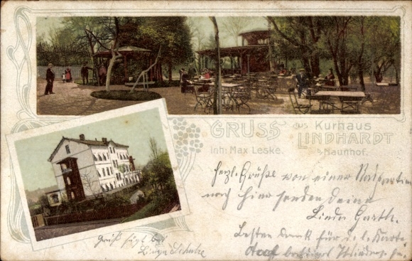 Ak Lindhardt Naunhof Sachsen, Kurhaus Lindhardt,  Menschen, Bäume, Tische, 