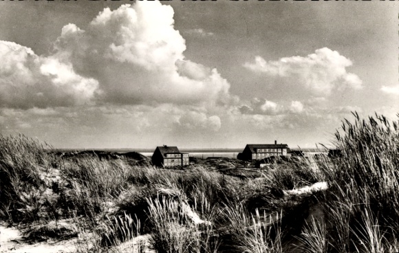 Postcard North Sea resort Juist in East Frisia, coastal landscape, dunes, North Sea spa, buildings, clouds