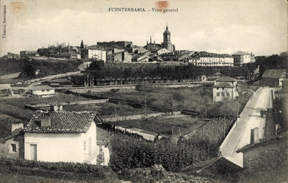 Postcard Hondarribia Fuenterrabia Basque Country, view of cityscape, hill, church